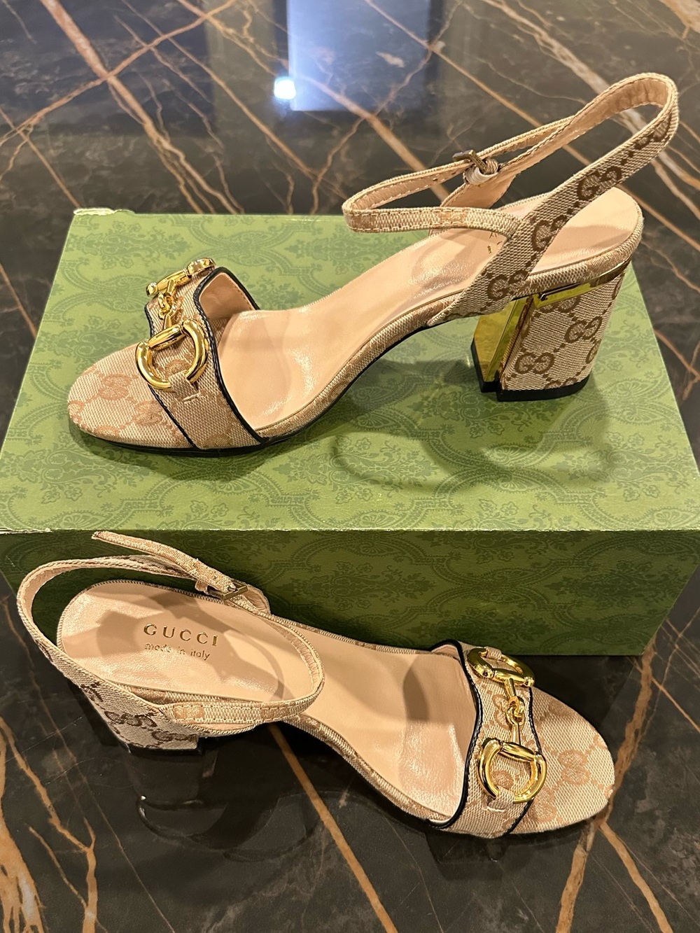 Gucci Beige GG Canvas Slingback Heels with Gold Horsebit